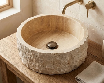 Travertine River Rock Vessel Sink - Natural Stone Bathroom Basin with Oval Design
