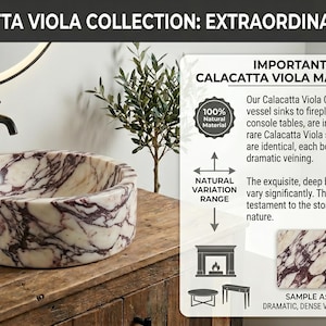 May include: A round Calacatta Viola marble vessel sink with deep burgundy-claret veining, placed on a wooden vanity. The image includes text explaining the natural variation of the stone, featuring icons of a fireplace and tables.