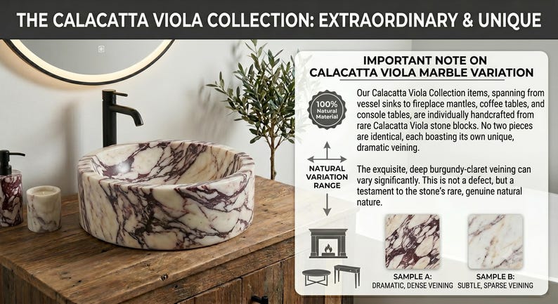 May include: A round Calacatta Viola marble vessel sink with deep burgundy-claret veining, placed on a wooden vanity. The image includes text explaining the natural variation of the stone, featuring icons of a fireplace and tables.