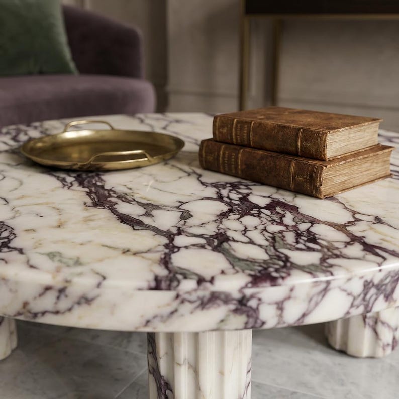 Calacatta Viola Marble Coffee Table, Modern Plinth Base Living Room Furniture