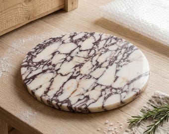 Handcrafted Calacatta Viola Marble Round Cutting Board – Natural Stone Serving Board, Luxury Kitchen Decor