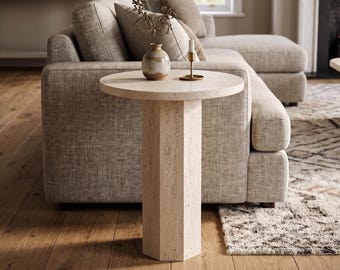 Travertine End Table – Round Natural Stone, Modern Living Room Furniture
