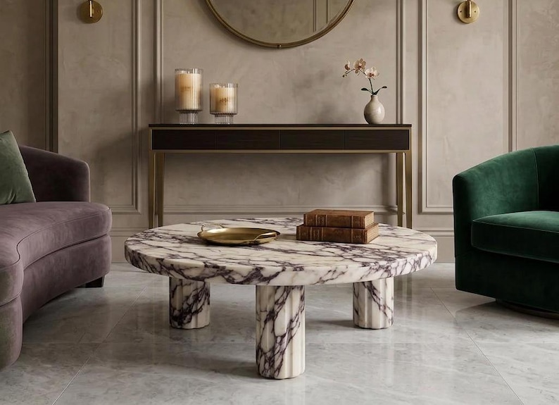 Calacatta Viola Marble Coffee Table, Modern Plinth Base Living Room Furniture