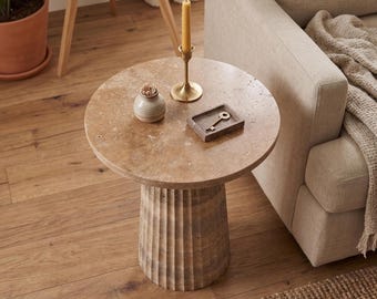 Travertine End Table – Round Natural Stone, Modern Living Room Furniture