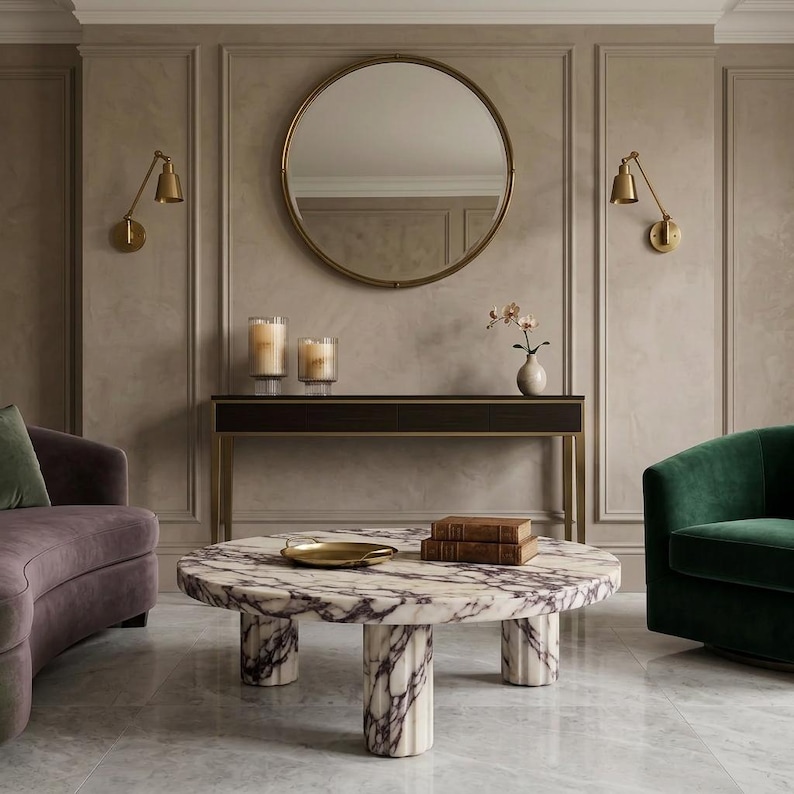 Calacatta Viola Marble Coffee Table, Modern Plinth Base Living Room Furniture