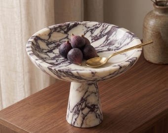 Handcrafted Calacatta Viola Marble Pedestal Serving Bowl – Elevated Natural Stone Centerpiece