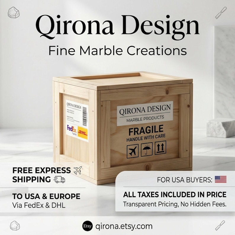 May include: A light-colored wooden shipping crate with a flat top and reinforced edges. The side features a white label with the text Qirona Design Marble Products, Fragile Handle With Care, and three black icons representing air, rain, and stacking.