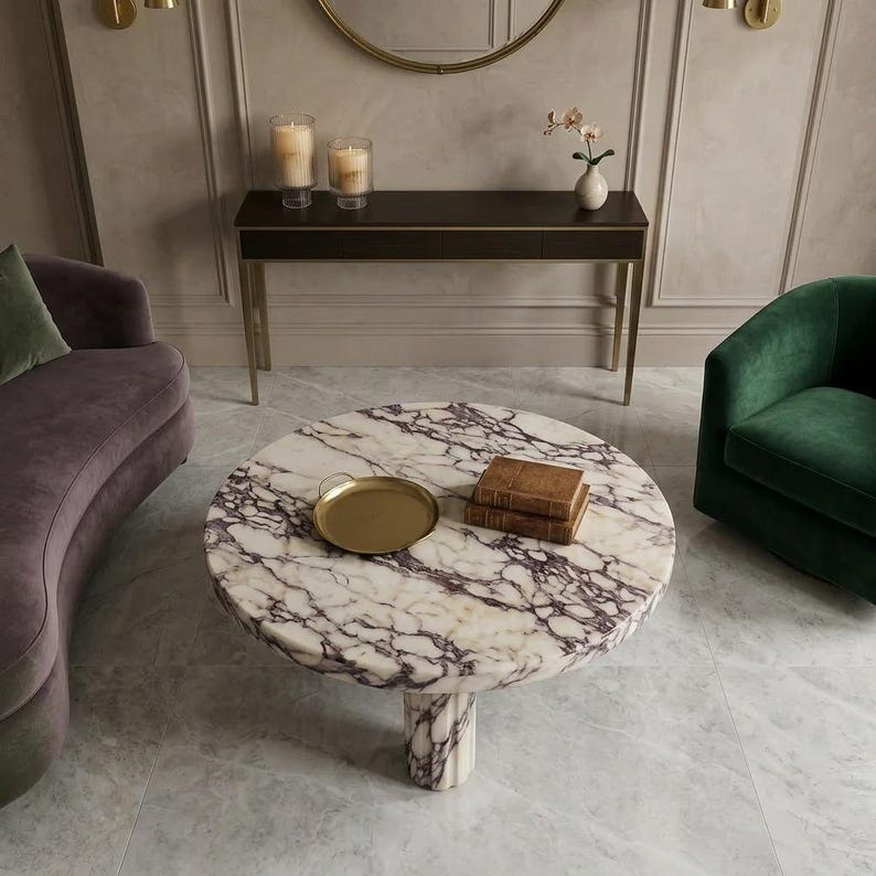 Calacatta Viola Marble Coffee Table, Modern Plinth Base Living Room Furniture