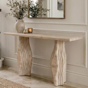 Cream Beige Marble Console Table | Slim or Thick Modern Entryway Bench | Low Stone Hallway Table