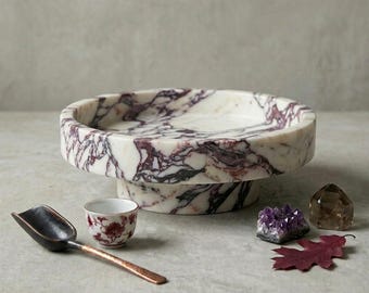 Handcrafted Calacatta Viola Marble Pedestal Serving Bowl – Elevated Natural Stone Centerpiece