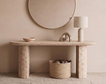 Custom Travertine Console Table | Slim or Thick Modern Entryway Bench | Low Stone Hallway Table