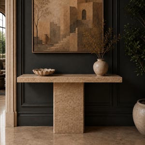 May include: A rectangular beige stone console table with a single central pedestal base. On the table sits a scalloped beige bowl and a beige ceramic vase containing thin branches. Above hangs a square painting of a desert architectural scene.