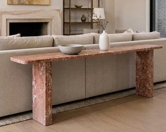 Custom Red Travertine Console Table | Slim Modern Entryway Bench, Hallway Table