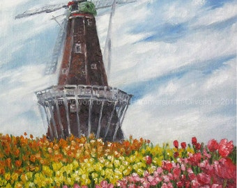 HOLLAND MICHIGAN TULIP Festival Print Windmill Island Canvas Paper Giclee', Select A Size by Michigan Artist Sandi Oliverio