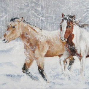 ORIGINAL OIL MICHIGAN, Horses In Snow Large Landscape - Michigan&#39;s Upper Peninsula, 22&quot; x 28&quot;