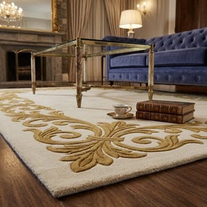Hand Tufted Wool Rug | Ivory & Gold Border Area Rug | Luxury Floral Scroll Rug | Custom Handmade Wool Carpet | Living Room Bedroom Decor