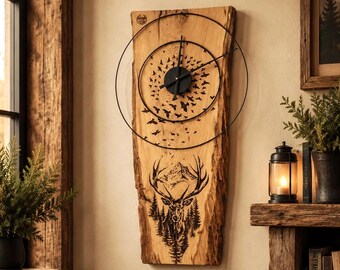 Reloj de pared rústico de roble con grabado láser | Pieza única hecha a mano | Decoración de pared individual | Idea de regalo | Regalo de inauguración de casa | Regalo de boda