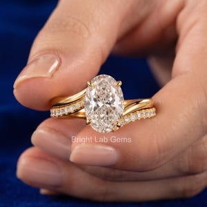 Oval Cut Bypass Engagement Ring in Yellow Gold, Elongated Oval Ring with Pave Split Double Band, Modern Swirl Bridal Ring for Her