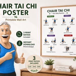 Chair Tai Chi Exercises Printable Wall Art | 12 Chair Exercises Poster | Senior Fitness PDF | Instant Download | 3 Print Ratios