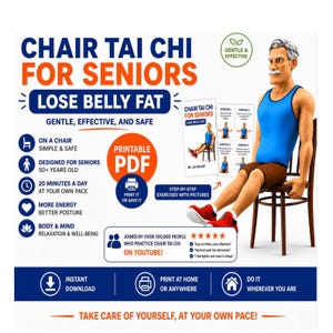Peut inclure: Un dépliant numérique pour le Tai Chi sur chaise pour seniors avec une illustration 3D d'une personne âgée en débardeur bleu et short marron assise sur une chaise en bois. Le texte inclut "Lose Belly Fat", "Printable PDF" et des exercices.