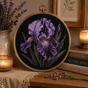 Purple Iris Bloom Cross Stitch Pattern
