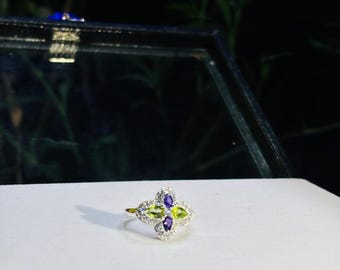 Natural Amethyst & Peridot Ring in 925 Sterling Silver, Floral Gemstone Gift for Her