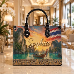 Personalized Thailand Handbag, Custom Name Travel Tote Bag, Thai Flag Long Tail Boat Purse, Thailand Gift for Women, Vacation Bag
