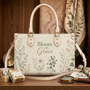 Puede incluir: Un bolso de mano rectangular de color crema con un estampado floral de margaritas e hiedra. El texto "Bloom with Grace" está impreso en el centro, con las etiquetas "Daisy" e "Ivy" debajo de las flores. Tiene dos asas superiores y una correa.