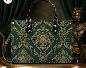 Luxury Baroque Handbag, Green Gold Damask Tote Bag, Vintage Victorian Purse, Elegant Faux Leather Shoulder Bag, Gothic Fashion Gift
