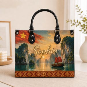 Personalized Vietnam Handbag, Custom Name Ha Long Bay Purse, Vietnamese Flag Tote Bag, Scenic Travel Gift for Women