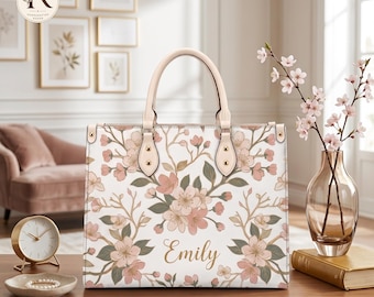 Personalized Floral Handbag for Women – Custom Name Leather Tote, Elegant Durable Shoulder Bag, Perfect Christmas Gift