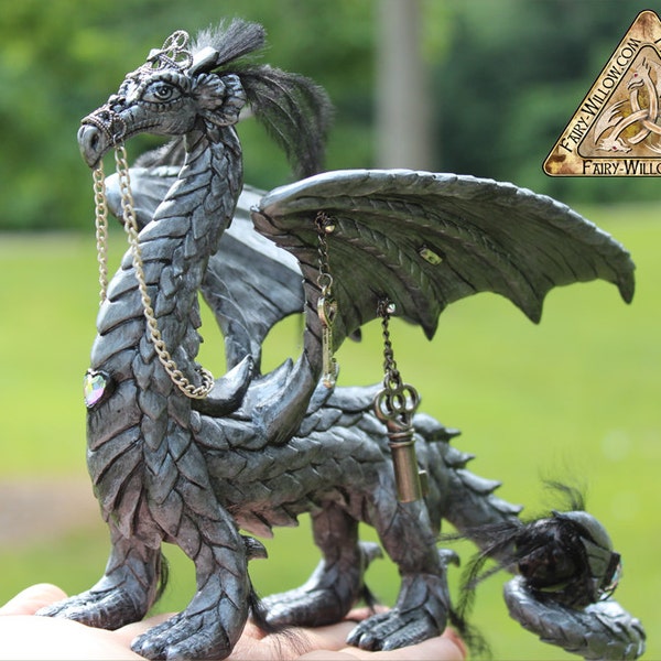Dragon Iron Onyx with Black Onyx Gemstone Sphere, OOAK Custom Collectors Dream Dragon hand sculpted with swarovski crystals, keys, chains