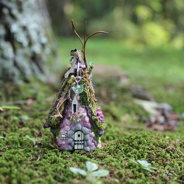 Fairy Willow House, 2 1/2 inch tall fairy house miniature with swarovski crystals / hand sculpted one of a kind