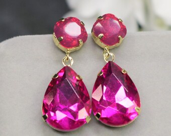 Hot Pink Earrings Fuchsia Posts Angelina Jolie style Magenta drops Octagon wedding bridal LARGE Teardrop Prom Pageant Stage Bridesmaids