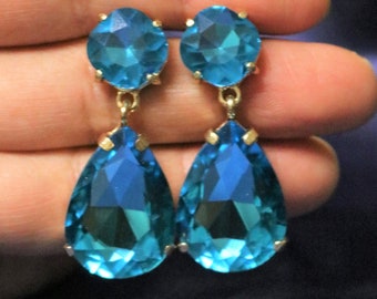 Aqua Blue Earrings Posts Angelina Jolie style Something Blue drops Octagon wedding bridal LARGE Teardrop Prom Pageant Stage Bridesmaids