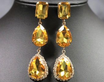 Topaz Earrings Posts Lemon Yellow Bridesmaid November Birthstone Gold Citrine golden Teardrop Drop Octagon Peach Prom Pageant Wedding Bridal