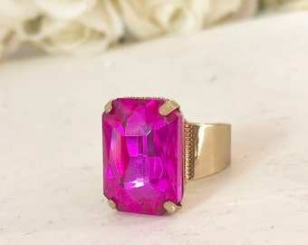 Hot pink ring fuchsia ring rhinestone octagon pink cocktail statement gold adjustable ring
