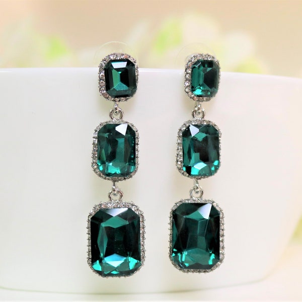 Emerald green Earrings Octagon Emerald earrings bridesmaid  Rhinestone Vintage Estate Style Wedding Bridal Earrings