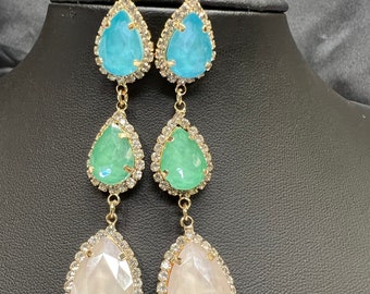 Mint Aqua Blue Earrings Peacock Opalite Peridot Green Zircon Drops Pacific Opal White Posts Teardrop Rhinestones Prom Pageant Wedding Bridal