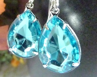 Aqua Earrings Aqua Blue Teardrop Aquamarine Drop March birthstone Vintage Estate Style Earrings