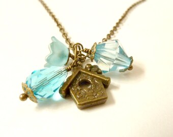 Birdhouse necklace charm pendant chain blue beads vintage necklace