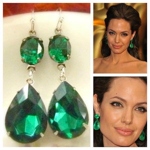 Emerald Green Earrings Angelina Jolie Inspired Style Teardrop Drop Estate Style Earrings