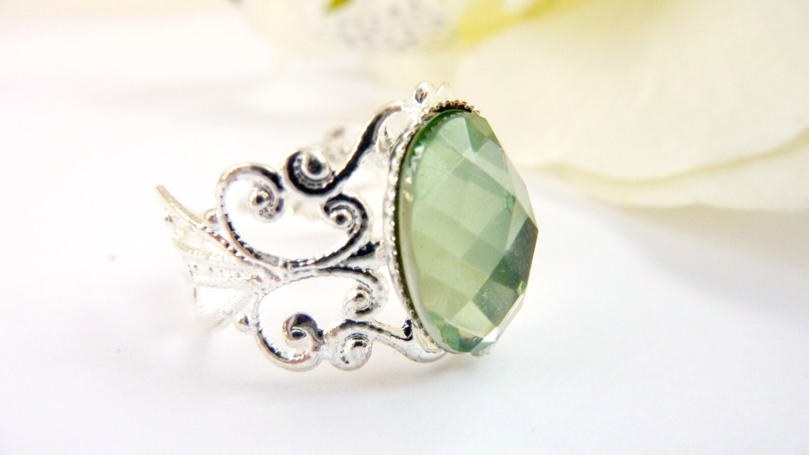 Mint Green Ring Light Green Ring Rhinestone Silver Filigree Etsy