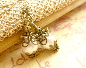 Ivory white pearl earrings bridesmaids earrings vintage brass filigree