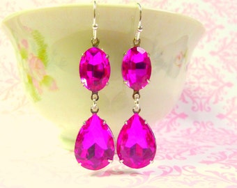 Fuchsia Hot Pink Earrings Teardrop Drop October birthstone Wedding Bridal Estate Style Earrings