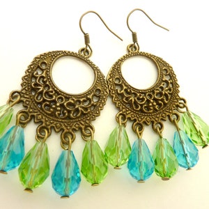 Chandelier earrings blue and green drop crystal dangle brass filigree vintage style image 4
