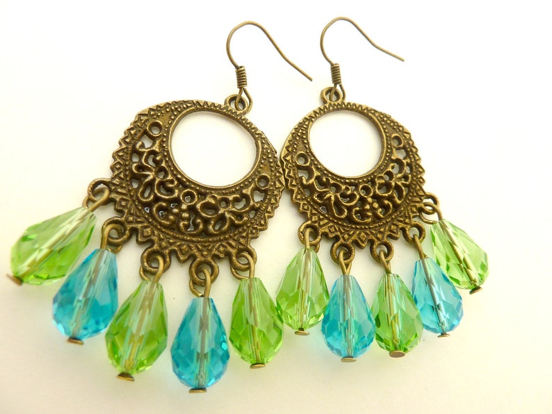 Chandelier earrings blue and green drop crystal dangle brass filigree vintage style image 4