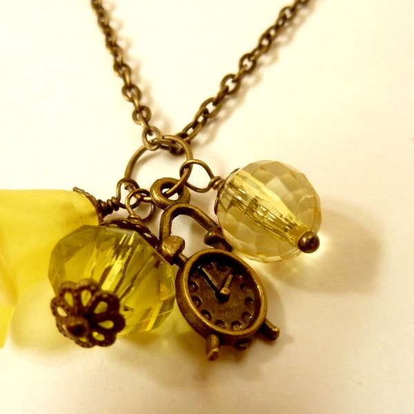 Clock Necklace Yellow Necklace Vintage clock charm pendant yellow flower acrylic