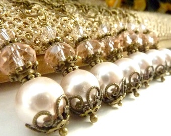 Bridesmaids necklace blush pink pearls wedding vintage necklace pale peach pink glass pearls