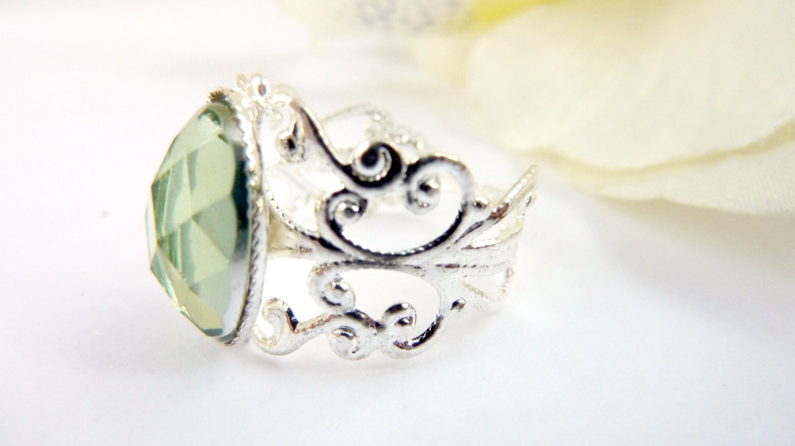 Mint Green Ring Light Green Ring Rhinestone Silver Filigree Etsy